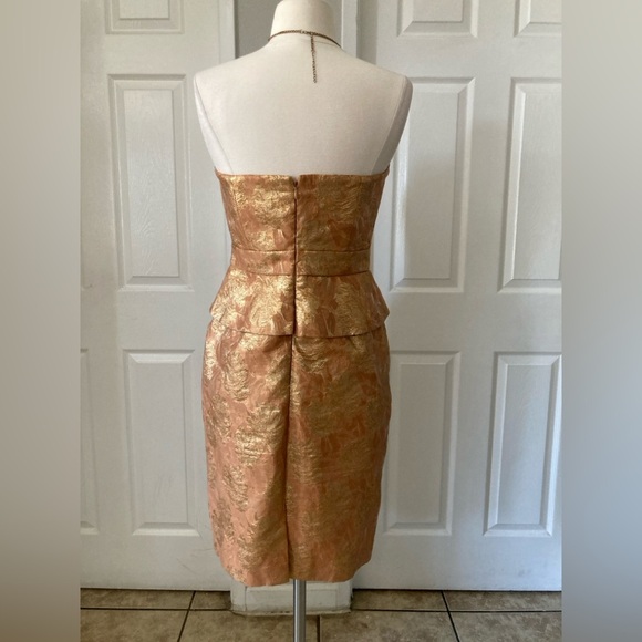 Theia Strapless Sheath Dress Gold Bronze Floral Size 4 - Picture 4 of 14